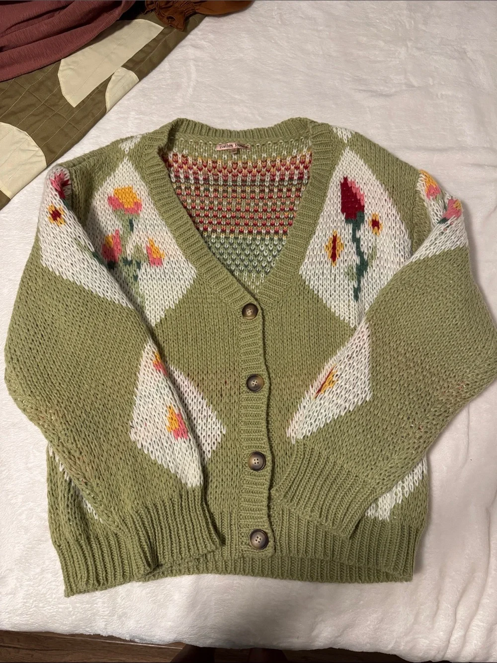 Olive Green Floral Knit Cardigan Sweater - Picture 1 of 2